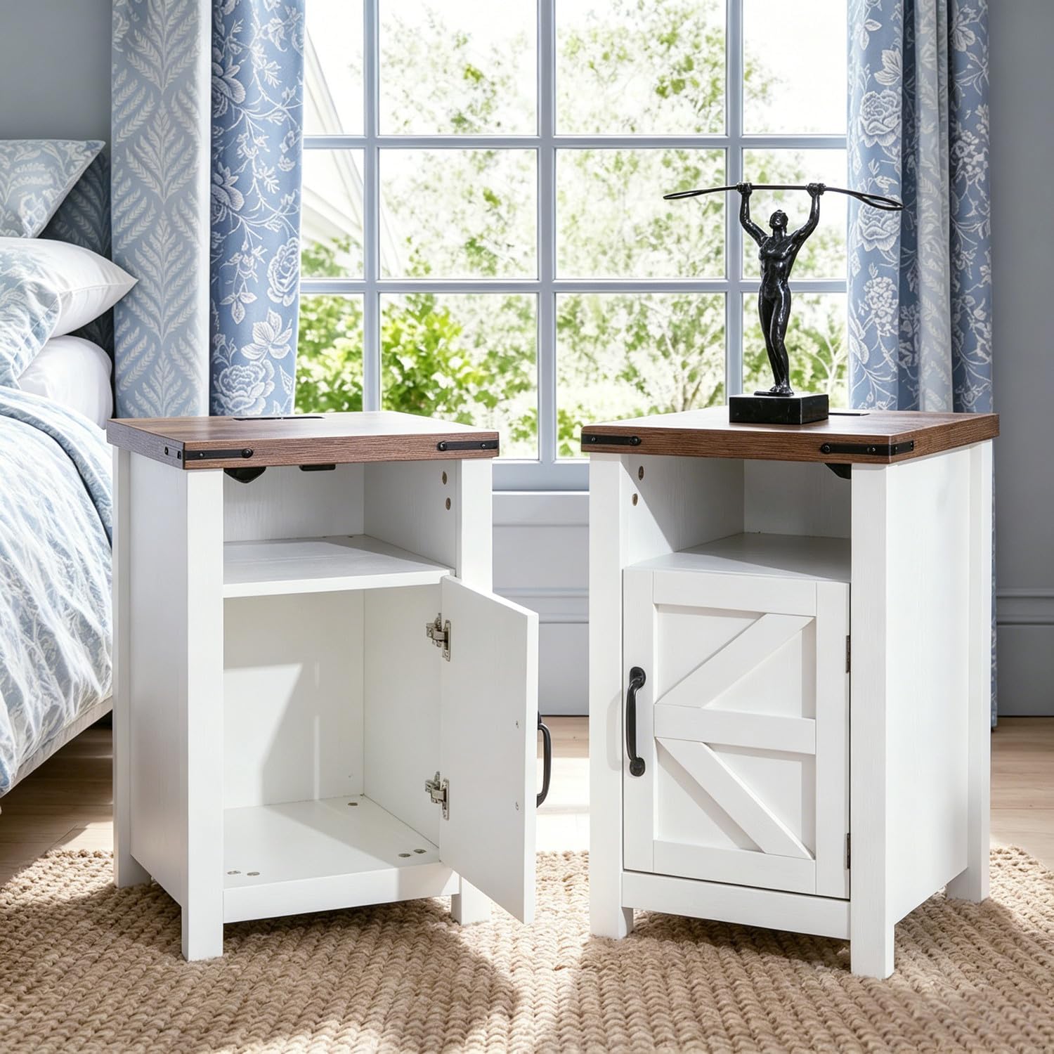 White Farmhouse End Table Set of 2, Rustic Nightstand with Barn Door and Shelf, Bedside Table with Charging Station for Living Room, Bedroom