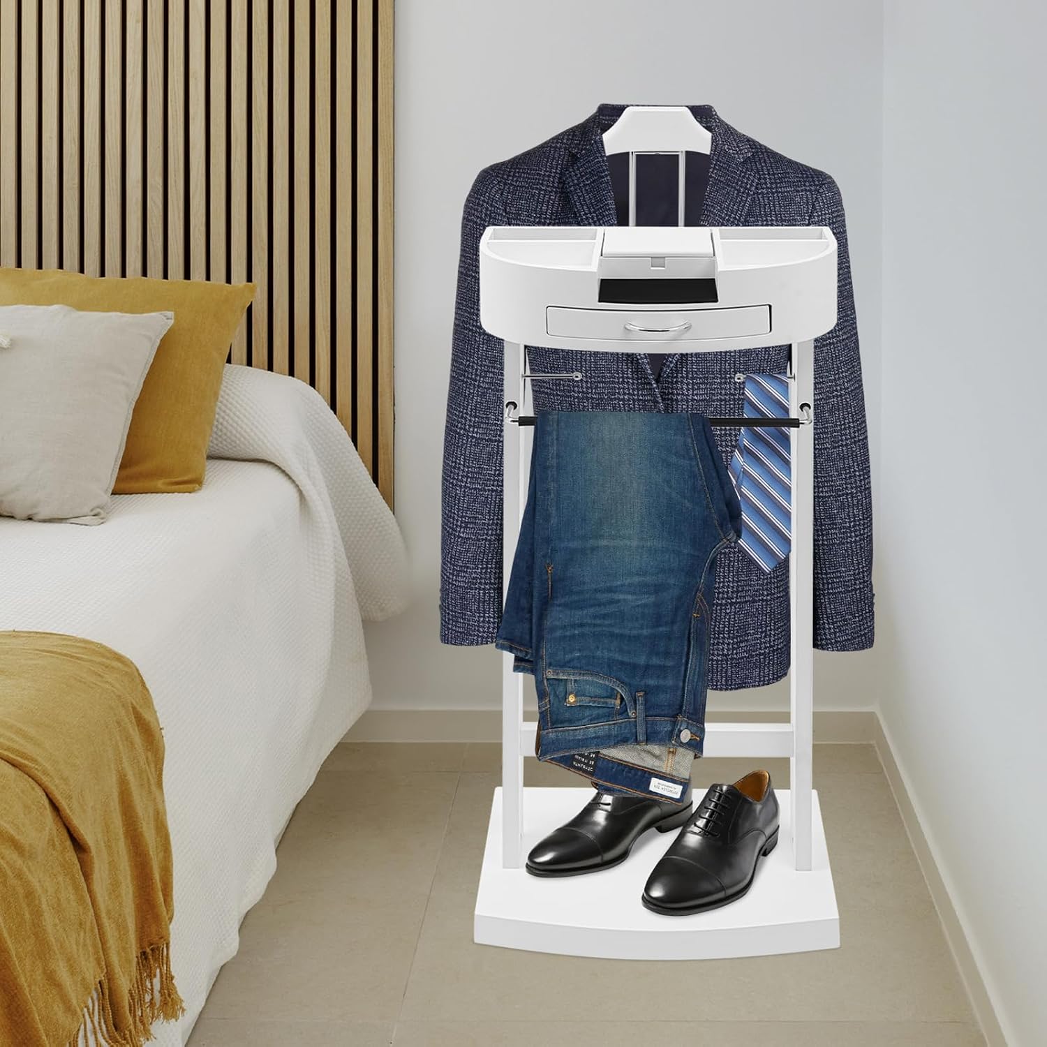 Suit Valet Stand White, Freestanding Clothes Rack with Velvet-Lined Drawer & Compartments, 66lbs Capacity, for Bedroom Hotel Entryway