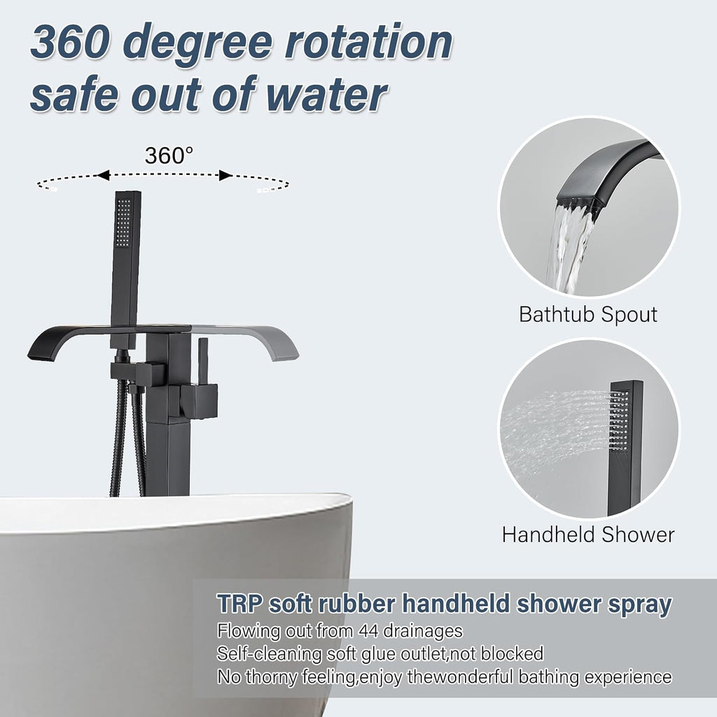 Freestanding Bathtub Faucet Matte Black Floor Mounted Tub Filler with Hand Shower Brass High Flow 360 Degree Swivel Standing Spout Mixer Taps
