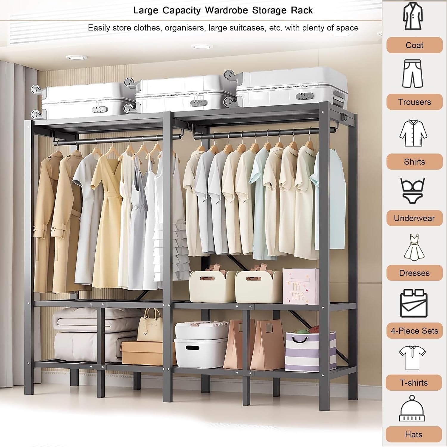 Heavy Duty Metal Clothes Rack With Cover 1200lbs Foldable Portable Wardrobe Closet Closed Corner Walk-in Closet Bedroom Wardrobe Clothes Organizer With 2 Hanging Rod For Hanging Clothes(150cm/59in)