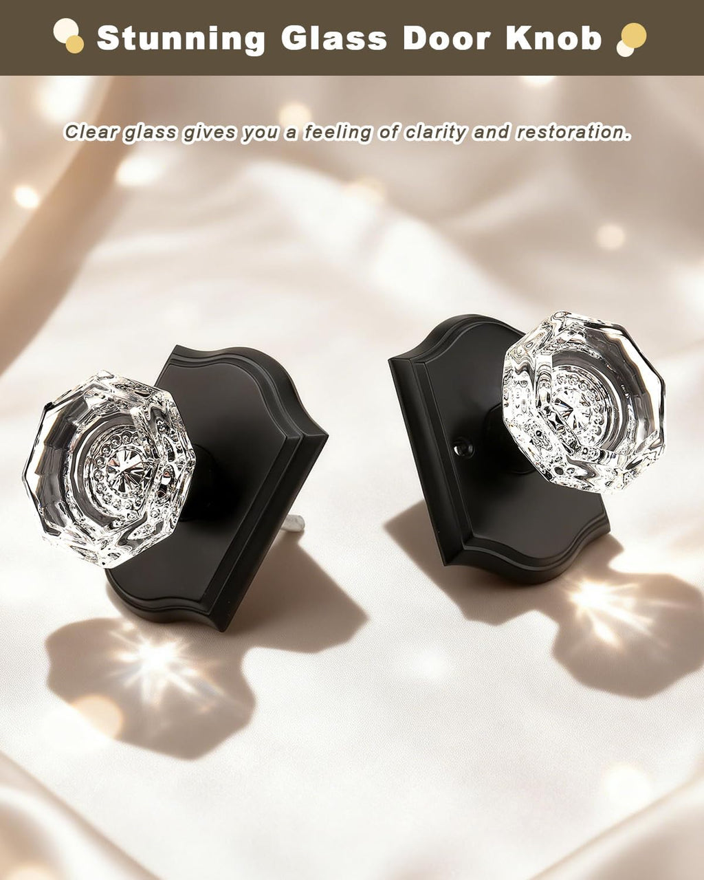 Gobrico 6 Pack Clear Diamond Passage Door Knobs,Matte Black Non-Locking Interior Door Handles,Octagonal Crystal Hall/Closet Door Knob,Arched Rosette