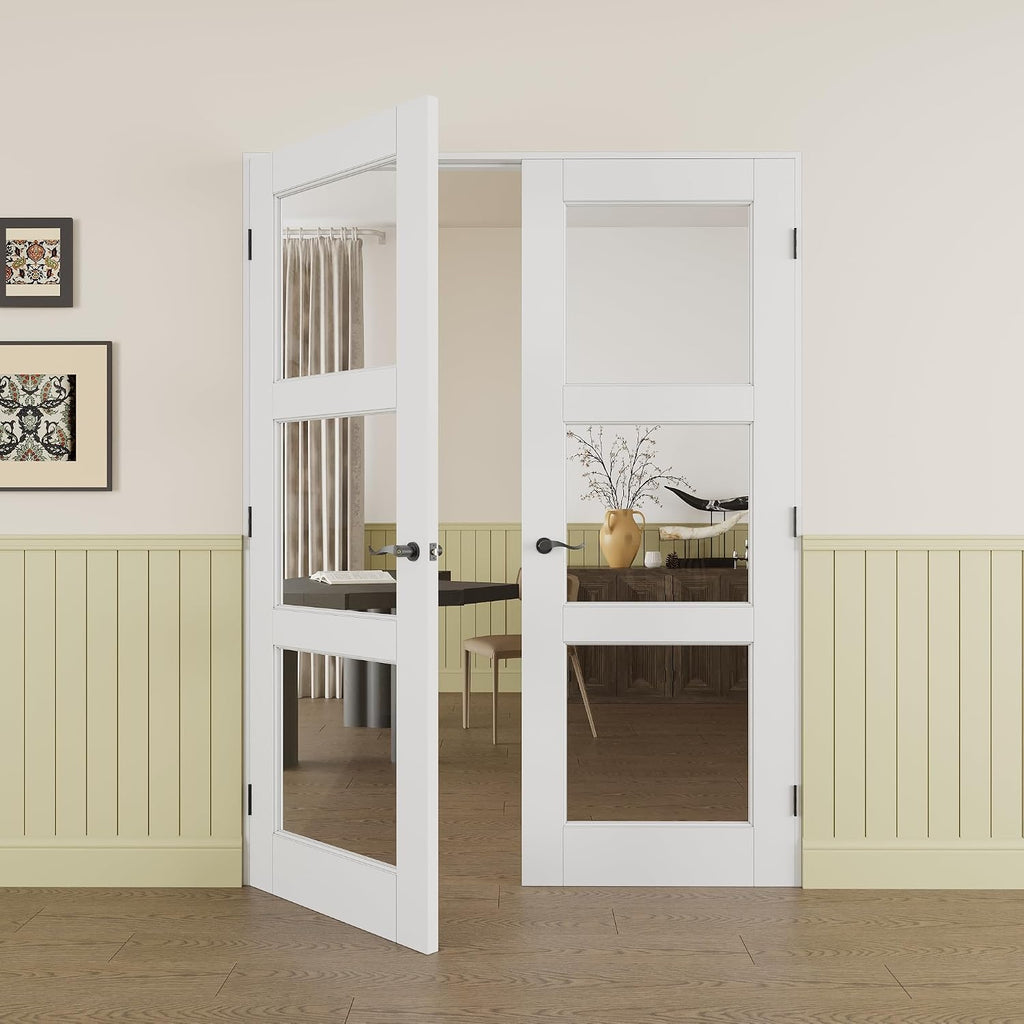 Prehung French Door 56' x 80' (2x28 in), 3-Lite Tempered Clear Glass Door Slabs with Jamb, Black Hinges, 4 Levers & Latch, Solid Core Interior Door, Pre-Finished & Paintable,Double Doors Interior
