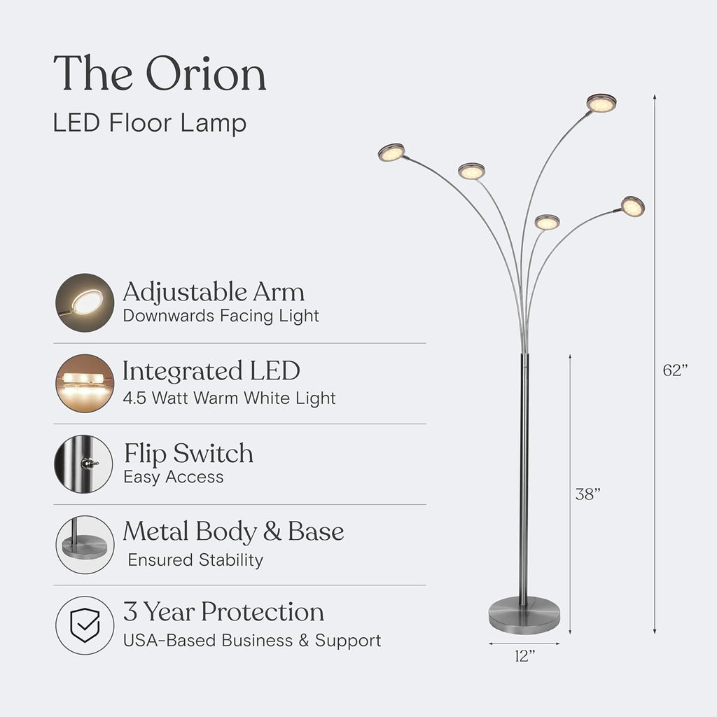 Brightech Orion Arc Floor Lamp for Living Room, Tree Floor Lamp with 5 Adjustable Arms, Multi-Head Standing Lamp with Flexible Rotating LEDs for Bedroom, Dorm - Bright Hanging Lighting - Satin Nickel
