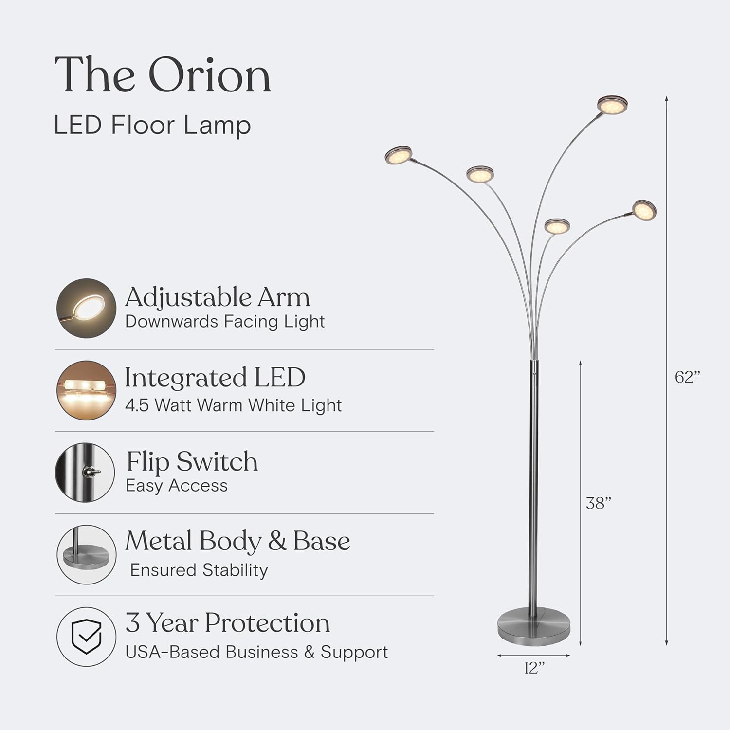 Brightech Orion Arc Floor Lamp for Living Room, Tree Floor Lamp with 5 Adjustable Arms, Multi-Head Standing Lamp with Flexible Rotating LEDs for Bedroom, Dorm - Bright Hanging Lighting - Satin Nickel