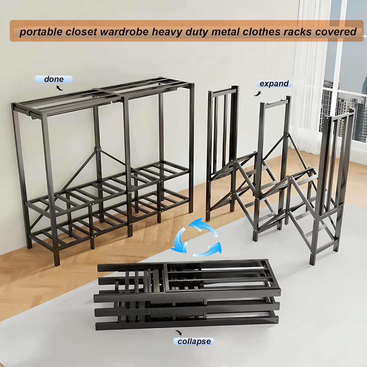 Clothing Rack with Cover,Heavy Duty Foldable Wardrobe with Cover, Portable Closets for Hanging Clothes, Large Capacity Hanging Organization Garment Racks (grey, 59.1in/150cm)