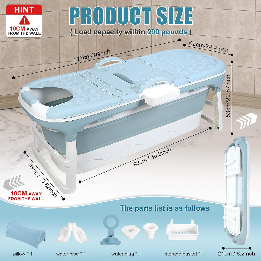 Portable Bathtub for Adult, 59' Large Collapsible Tub, Effortless Folding Bathtub with Massage Board, Thermometer, Thermal Cover, Ideal for Hot Bath Ice Bath with Reached Out Hands (46 inch)