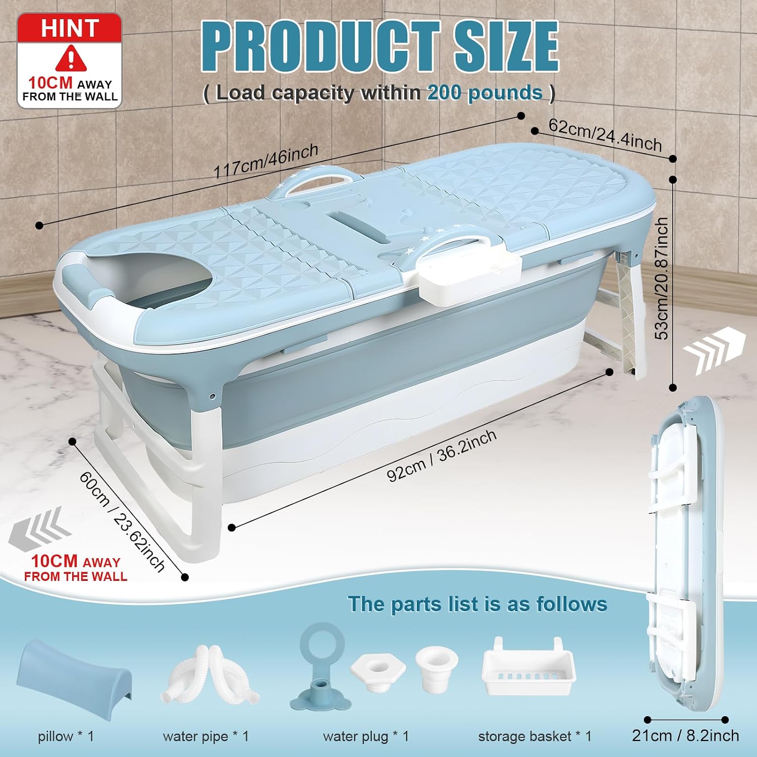 Portable Bathtub for Adult, 59' Large Collapsible Tub, Effortless Folding Bathtub with Massage Board, Thermometer, Thermal Cover, Ideal for Hot Bath Ice Bath with Reached Out Hands (46 inch)