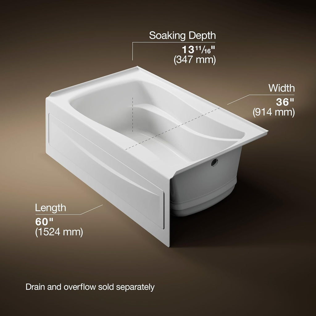 KOHLER K-1239-GHRA 60' X 36' Integral Apron Heated Bubblemassage™ Air Bath With Right-Hand Drain