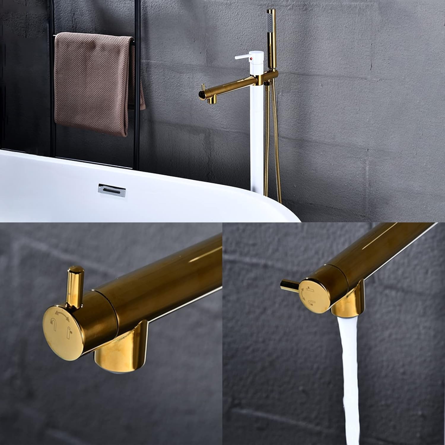 Freestanding Bathtub Faucet with Handheld Shower - Floor Mounted Tub Tap, 59-Inch Shower Hose, Stylish White Gold Finish