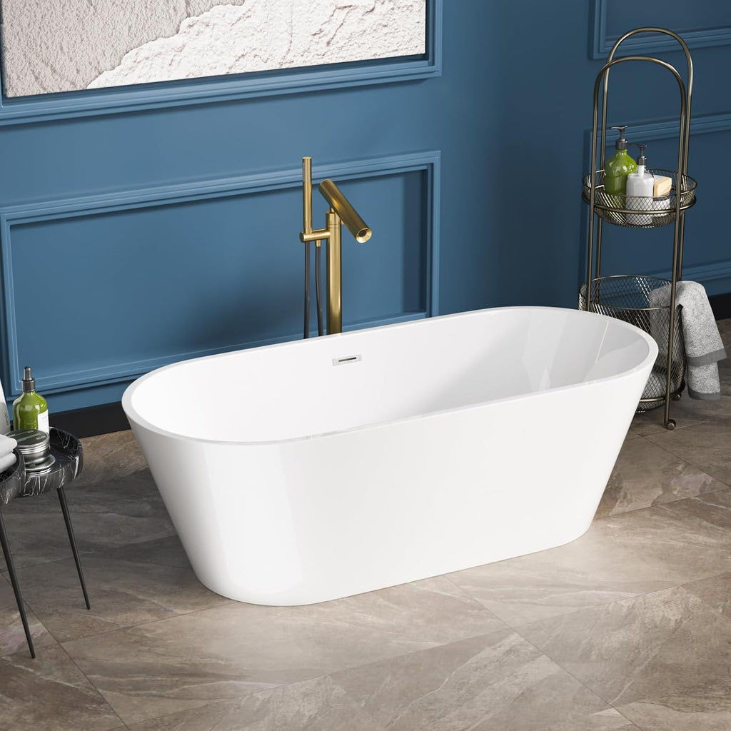 Sarlai 67 Inch Acrylic Freestanding Soaking Bathtub Contemporary Soaking White Tub Stand Alone Ergonomic Bathtub with Chrome Drain and Overflow