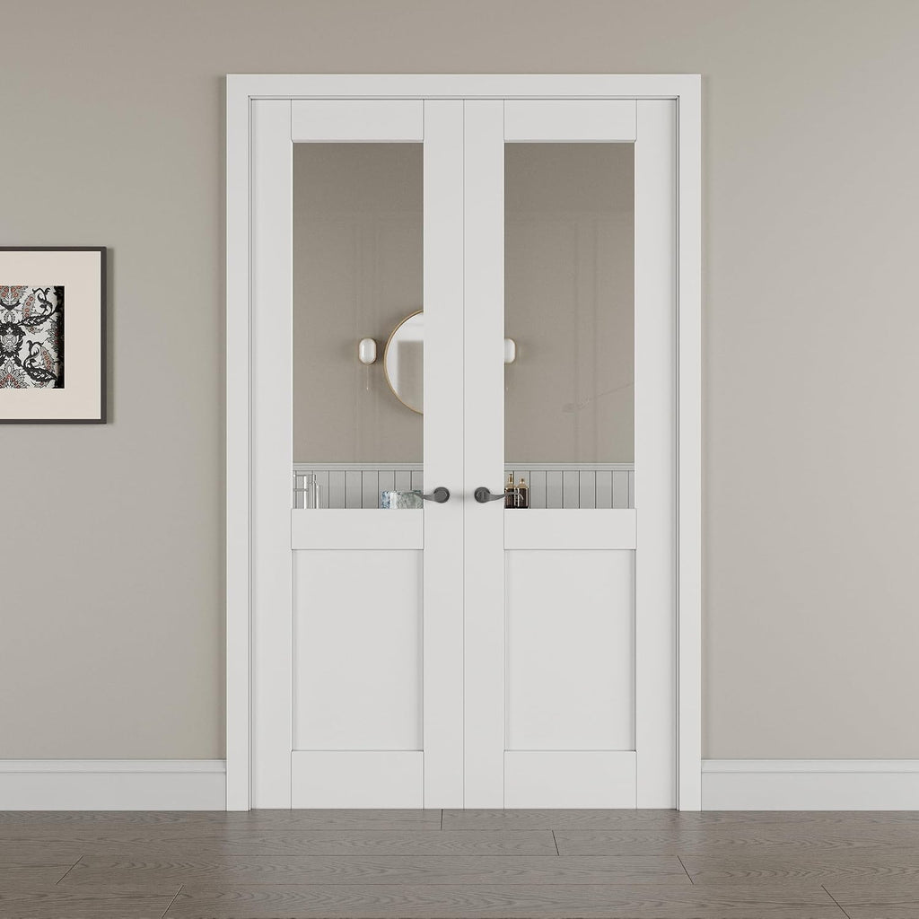 48' x 80' French Doors Interior (Double 24' x 80' Half Clear Glass Door with Black Hinge Prehung Jamb Kit), Pre-Finished & Paintable, Prebuilt Home Door Panels & Assembly Required Jamb