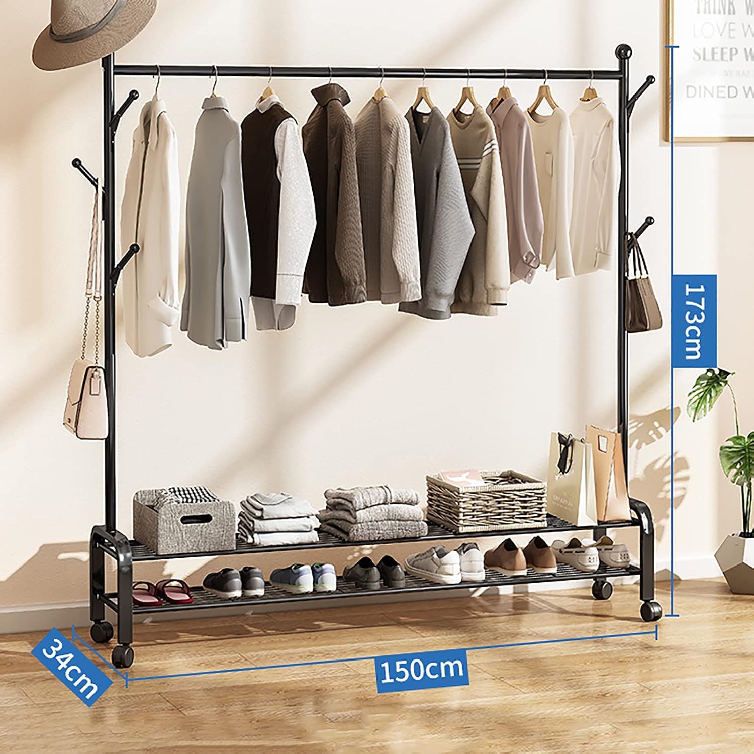 Clothing Rack, Heavy Duty Clothes Rack Portable Garment Rack,with 2-Tier Shelves,5 Side Hooks,Wheels,Multifunctional Storage Shelf Organizer,150x34x173cm