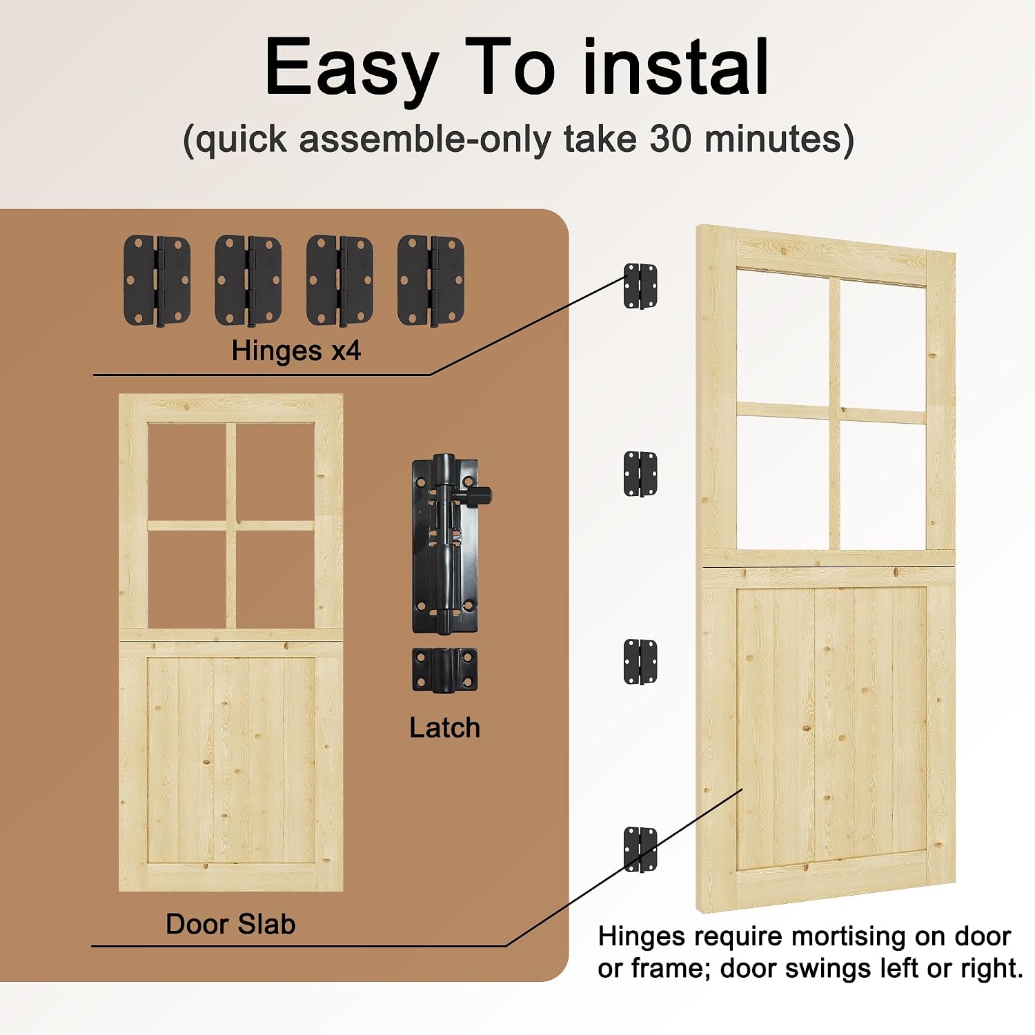 Exterior Dutch Door Slab, 30' x 80', Universal 4 Lite Tempered Clear Glass Split Single Doors, Solid Core Home Door, Natural Pine Wood - with 4 Black Hinges & 1 Latch, Without Jamb