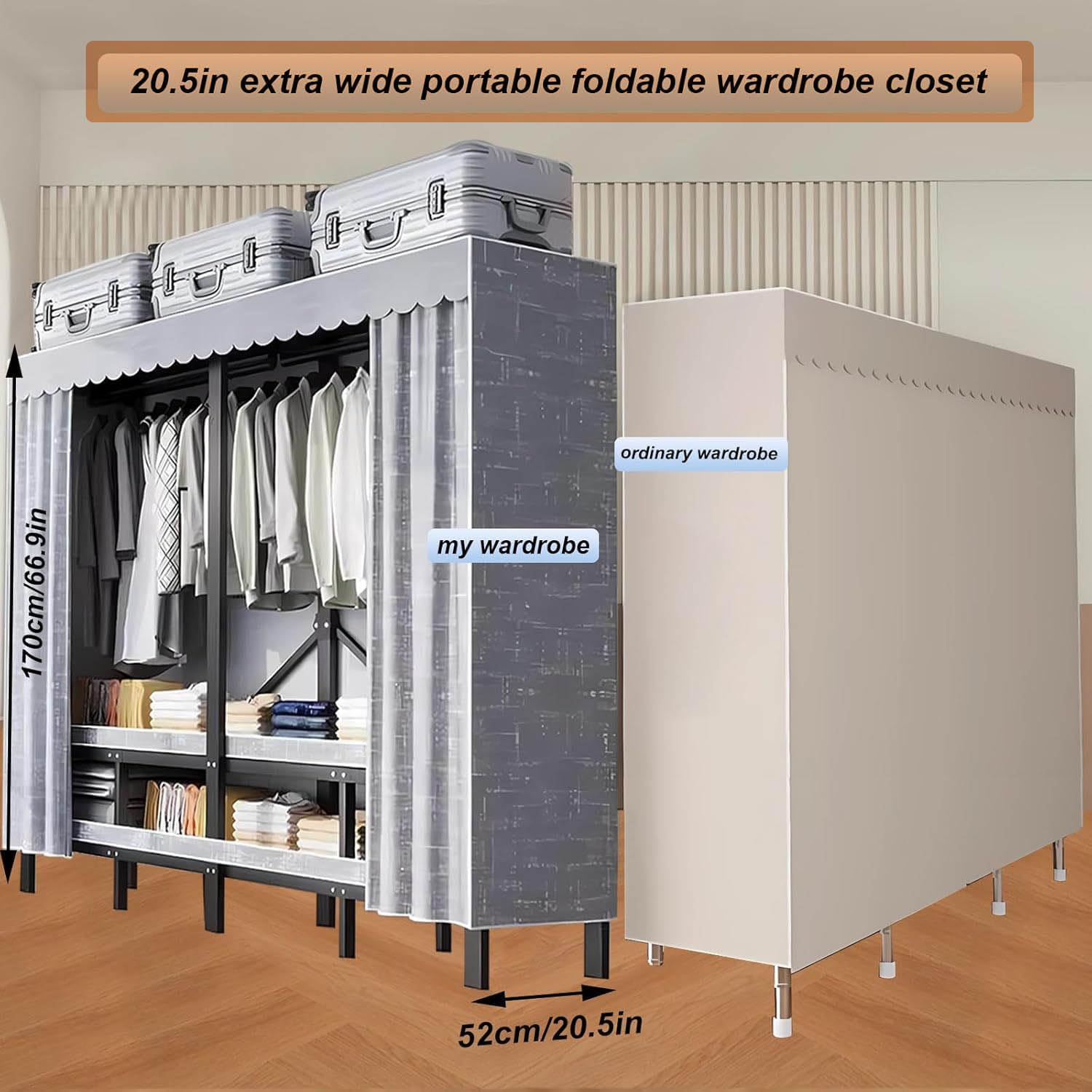 Clothing Rack with Cover,Heavy Duty Foldable Wardrobe with Cover, Portable Closets for Hanging Clothes, Large Capacity Hanging Organization Garment Racks (grey, 59.1in/150cm)