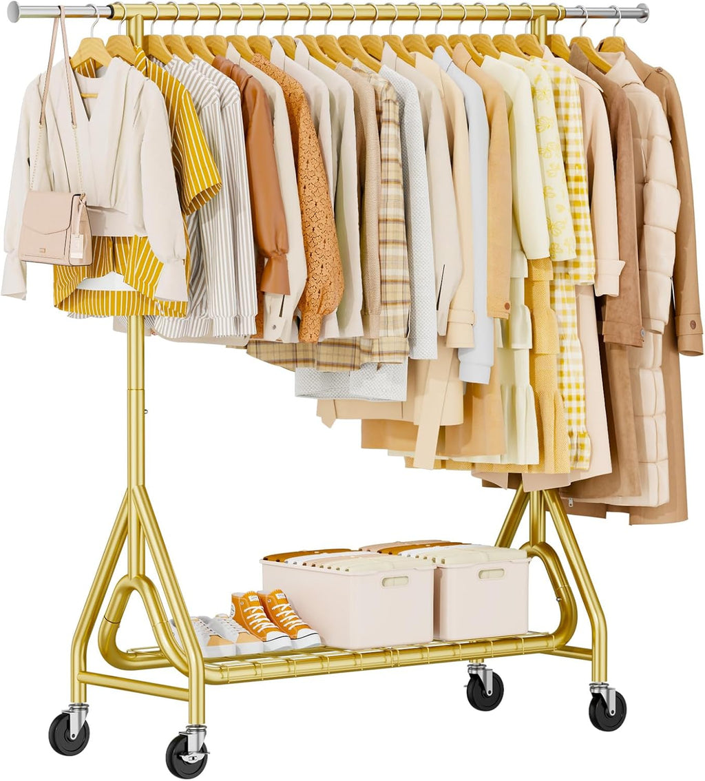 Heavy Duty Clothes Rack, Metal Clothing Rack Load 450 LBS, Rolling Coat Racks for Hanging Clothes with Lockable Wheels, Silver+Gold
