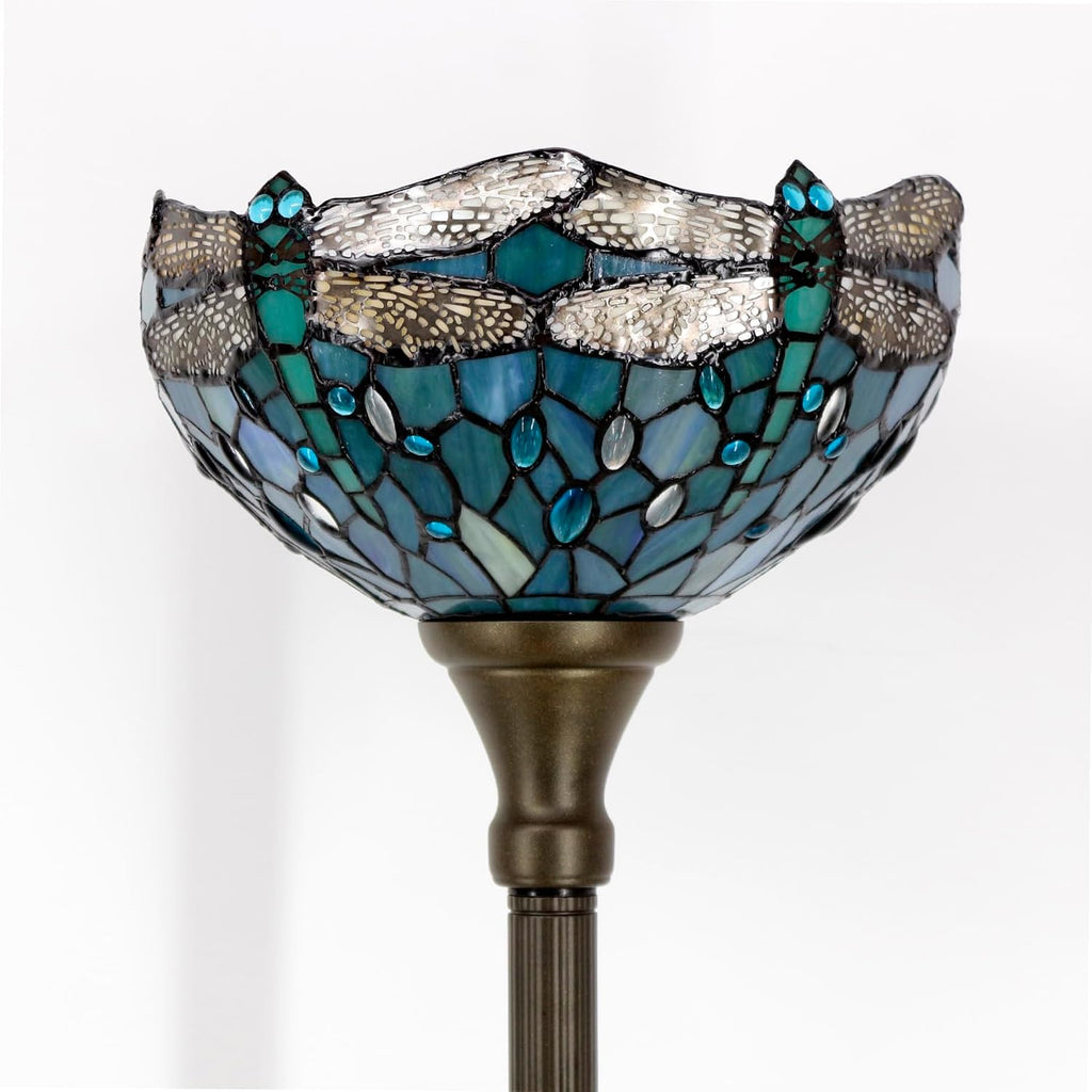 WERFACTORY Tiffany Floor Lamp Sea Blue Stained Glass Dragonfly Light 12X12X71 Inches Pole Torchiere Standing Corner Torch Uplight Decor Bedroom Living Room Home Office S147 Series