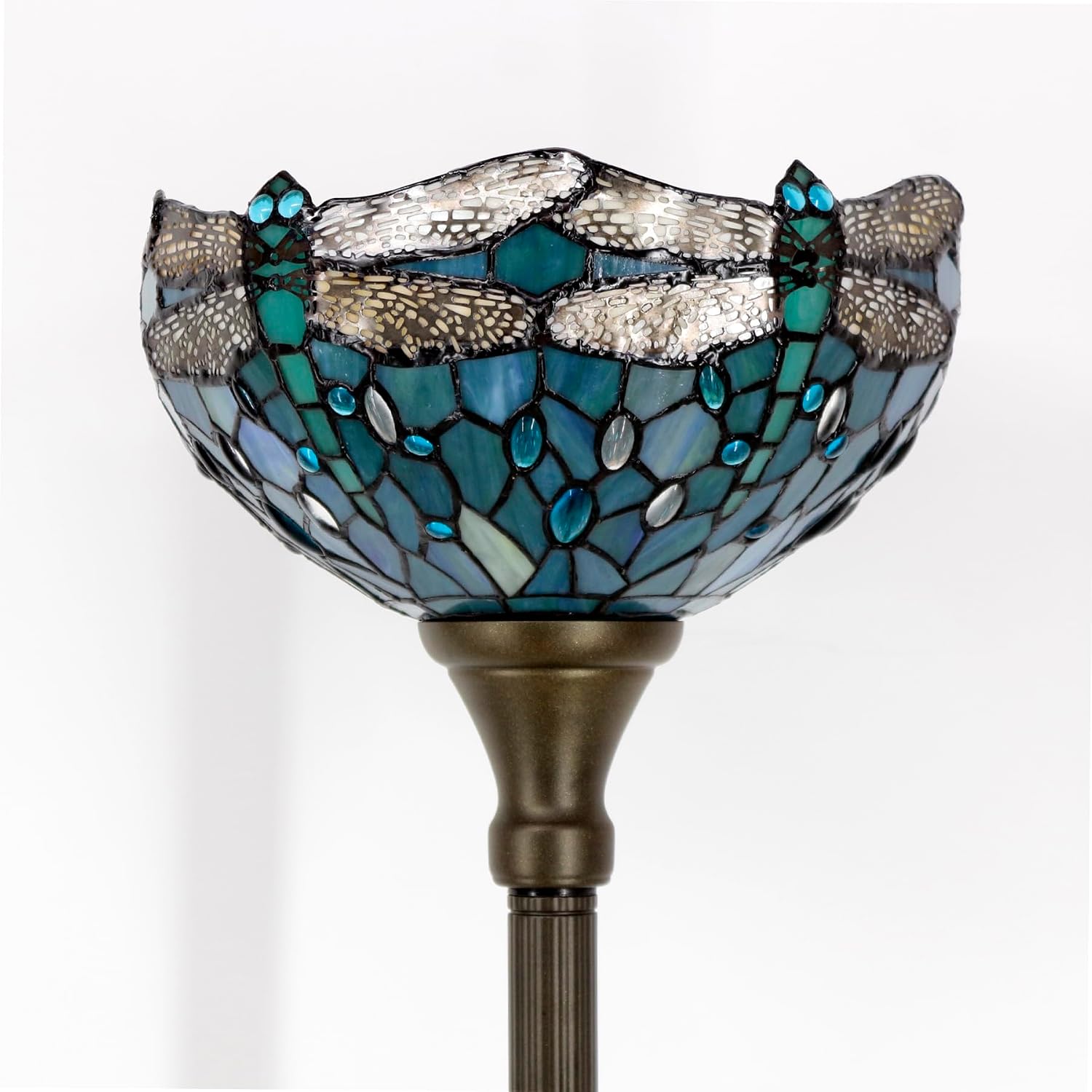 WERFACTORY Tiffany Floor Lamp Sea Blue Stained Glass Dragonfly Light 12X12X71 Inches Pole Torchiere Standing Corner Torch Uplight Decor Bedroom Living Room Home Office S147 Series
