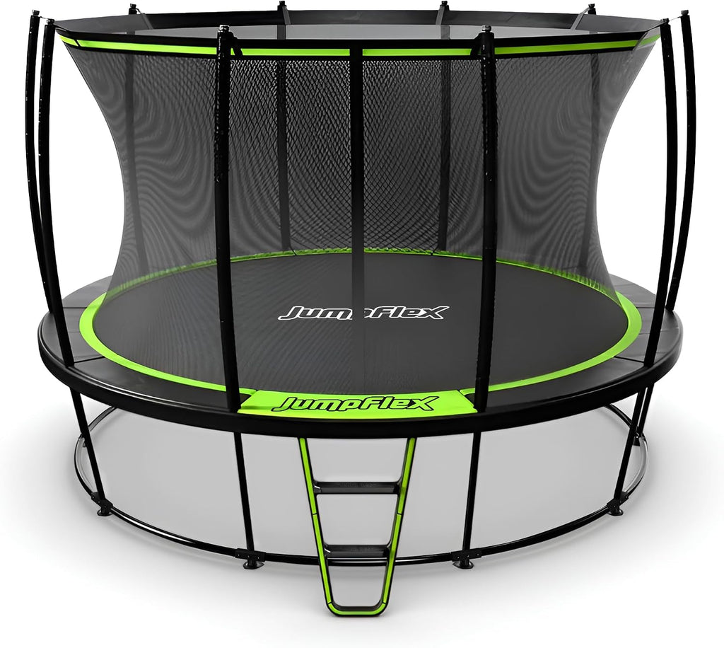 JumpFlex Hero Round Outdoor Backyard Trampoline with Net Safety Enclosure and Ladder - Heavy-Duty Jumping Trampoline Play Equipment for Family