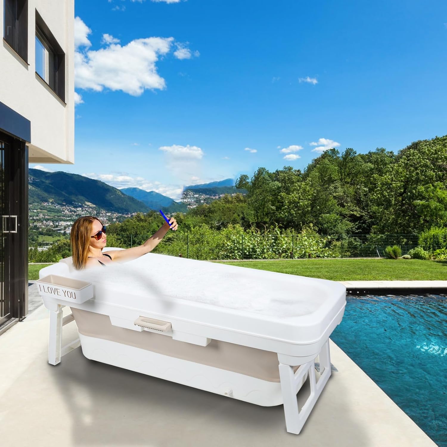 Portable Bathtub Free Standing Tub, Large Soaking Tub, Foldable Bathtub for Adults Bathtubs for Bathroom, Ice Bath, Sitz Bath, Freestanding Bathtubs with Massage Board, Adult Pool Beige 59 I