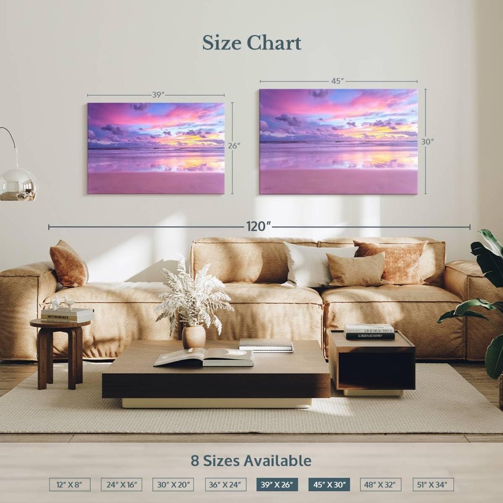 ElephantStock Cotton Candy Beach Sunrise Wall Art - Horizontal Wrapped Canvas - 1-Piece Living Room Wall Decor - Photography Beach Canvas Print - Purple and Pink Decor for Wall - 39' X 26'