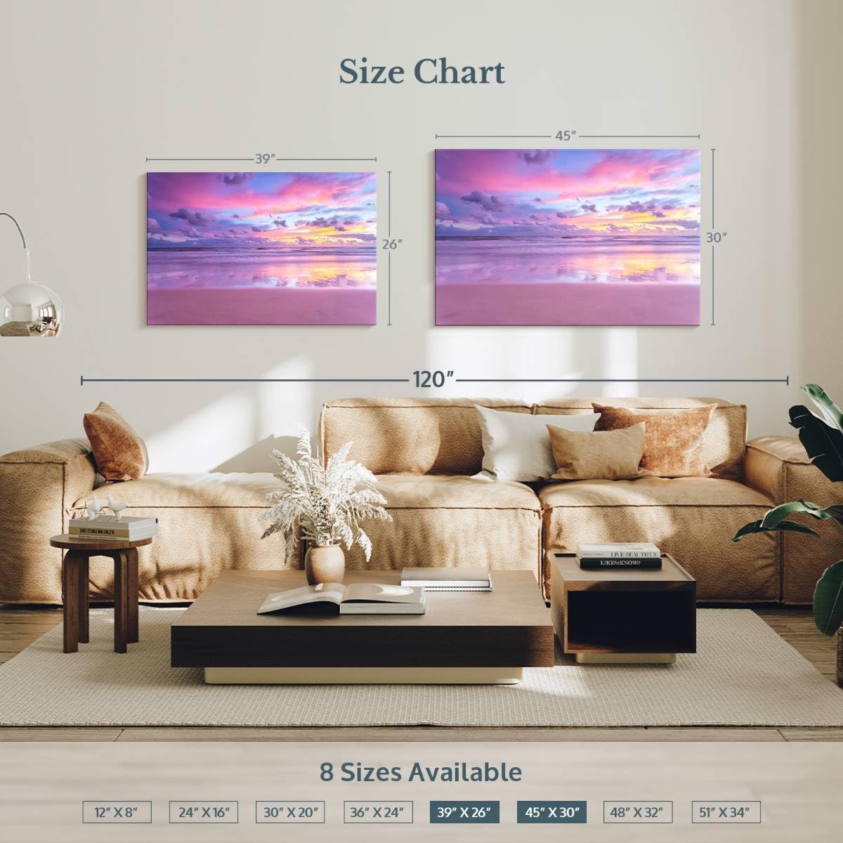 ElephantStock Cotton Candy Beach Sunrise Wall Art - Horizontal Wrapped Canvas - 1-Piece Living Room Wall Decor - Photography Beach Canvas Print - Purple and Pink Decor for Wall - 39' X 26'