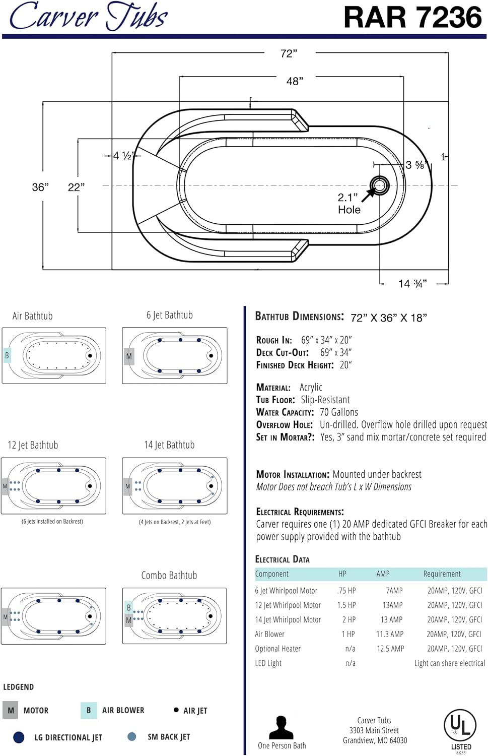 Carver Tubs - RAR7236 - Modern Fiberglass Whirlpool Water Massage Bathtub, With 12 Heater Air Jets - White Acrylic Rectangle Bath Tub - Left End Drain - Deep Relaxing Soak - 72'L x 36'W x 18'H