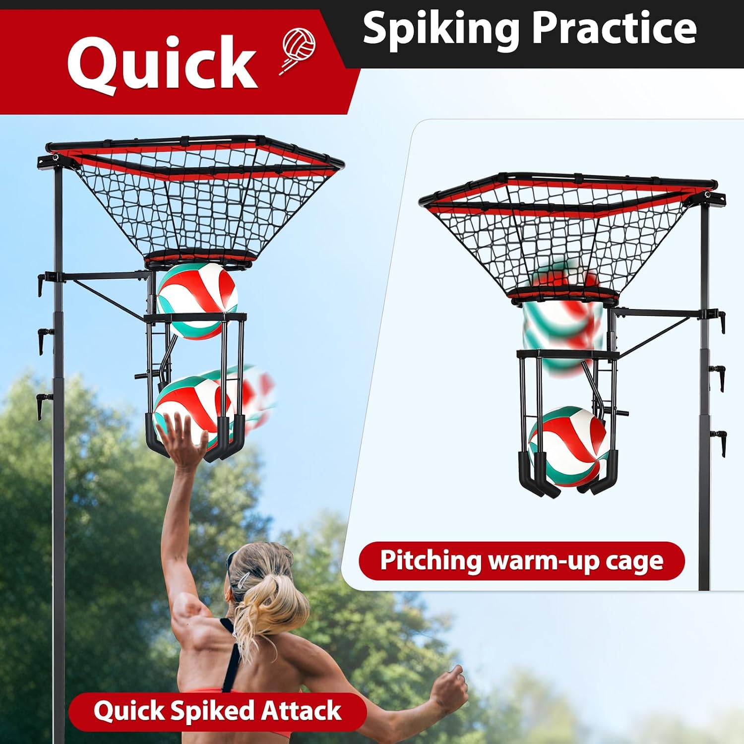 AugFir Volleyball Setter & Spike Trainer, Adjustable Height 93'-126' Volleyball Trainer with 88LBS Sandbag Base & Transport Wheels, Solo Practice Tool for Indoor & Outdoor Use Spiking & Drills