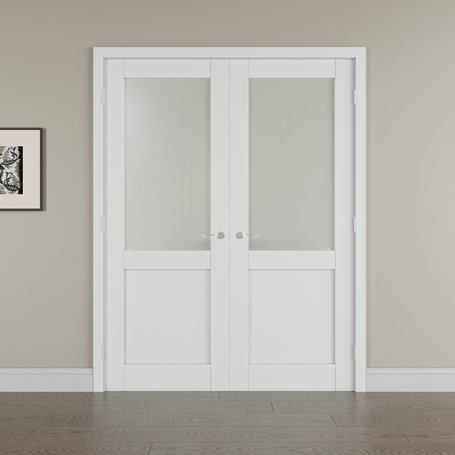 72' x 80' French Doors Interior (Double 36' x 80' Half Frosted Glass Door with Silver Hinge Prehung Jamb Kit), Pre-Finished & Paintable, Prebuilt Home Door Slabs & Assembly Required Jamb