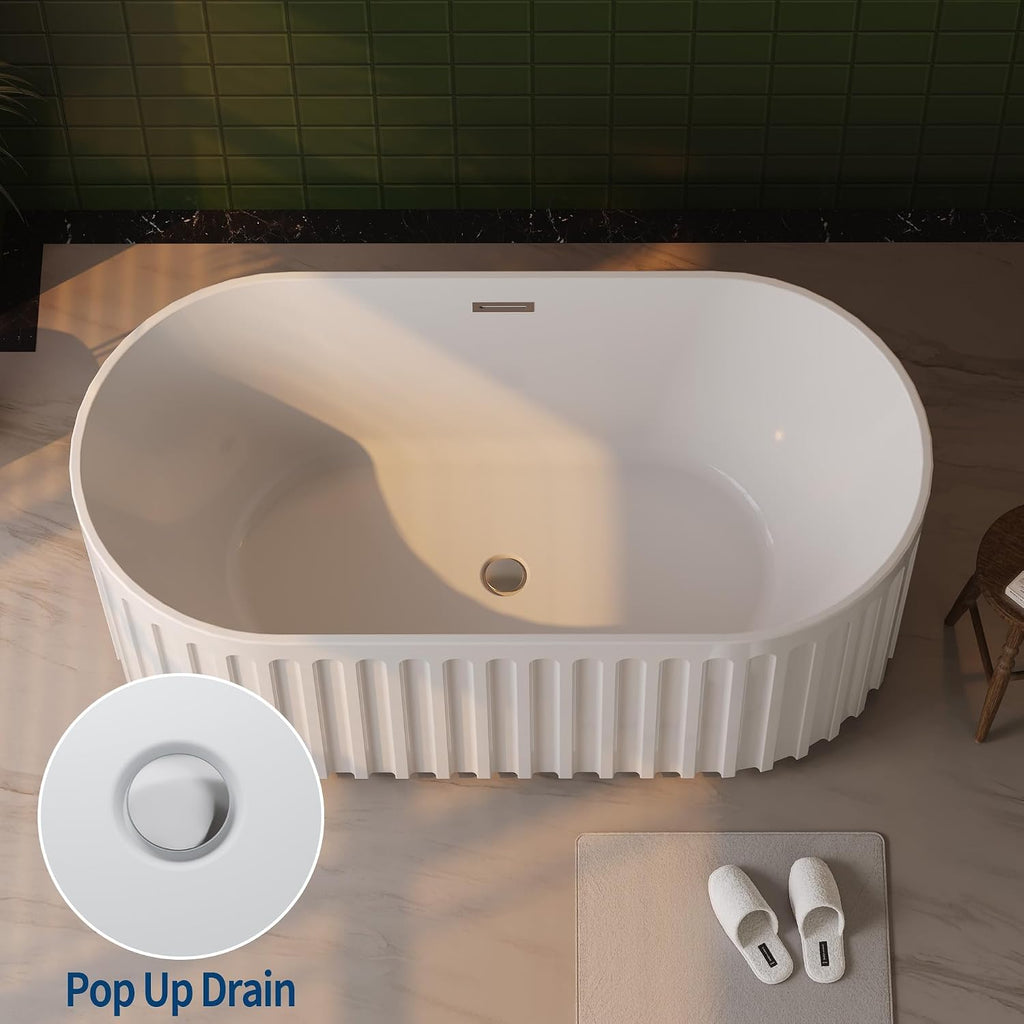 67 Inch Freestanding Soaking Bathtub, Contemporary Acrylic Pleated Tub, White Stand Alone Bath with Chrome Overflow and Drain, Easy Install for Modern Bathroom Renovation