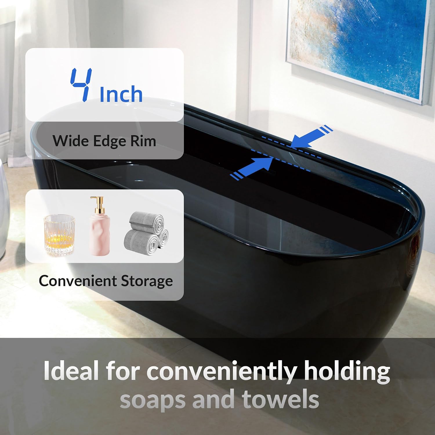 WOODBRIDGE 72' L x 35-3/8' W Freestanding Contemporary Acrylic Soaking Bathtub in Glossy Black Inside and Outside with Matte Black Drain & Overflow,B8859-MB