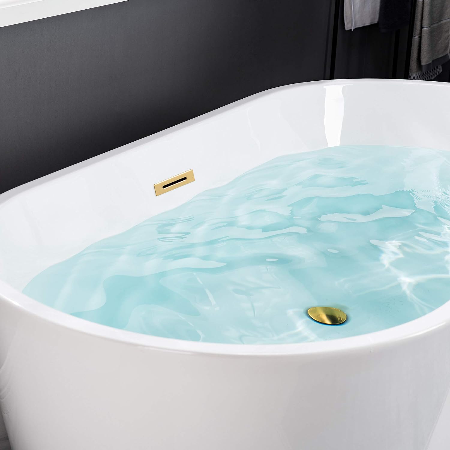 WOODBRIDGE 59' Freestanding White Acrylic Soaking Bathtub with Brushed Gold Drain and Overflow,BTA1514 -BG-Drain &O