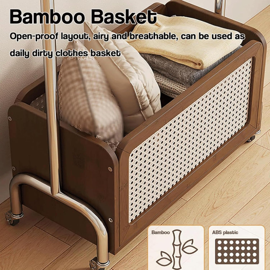 Metal Clothing Rack w/Wheels Heavy Duty Rolling Clothes Rack Modern Garment Rack w/Bamboo Rattan Storage Basket for Bedroom Boutiques