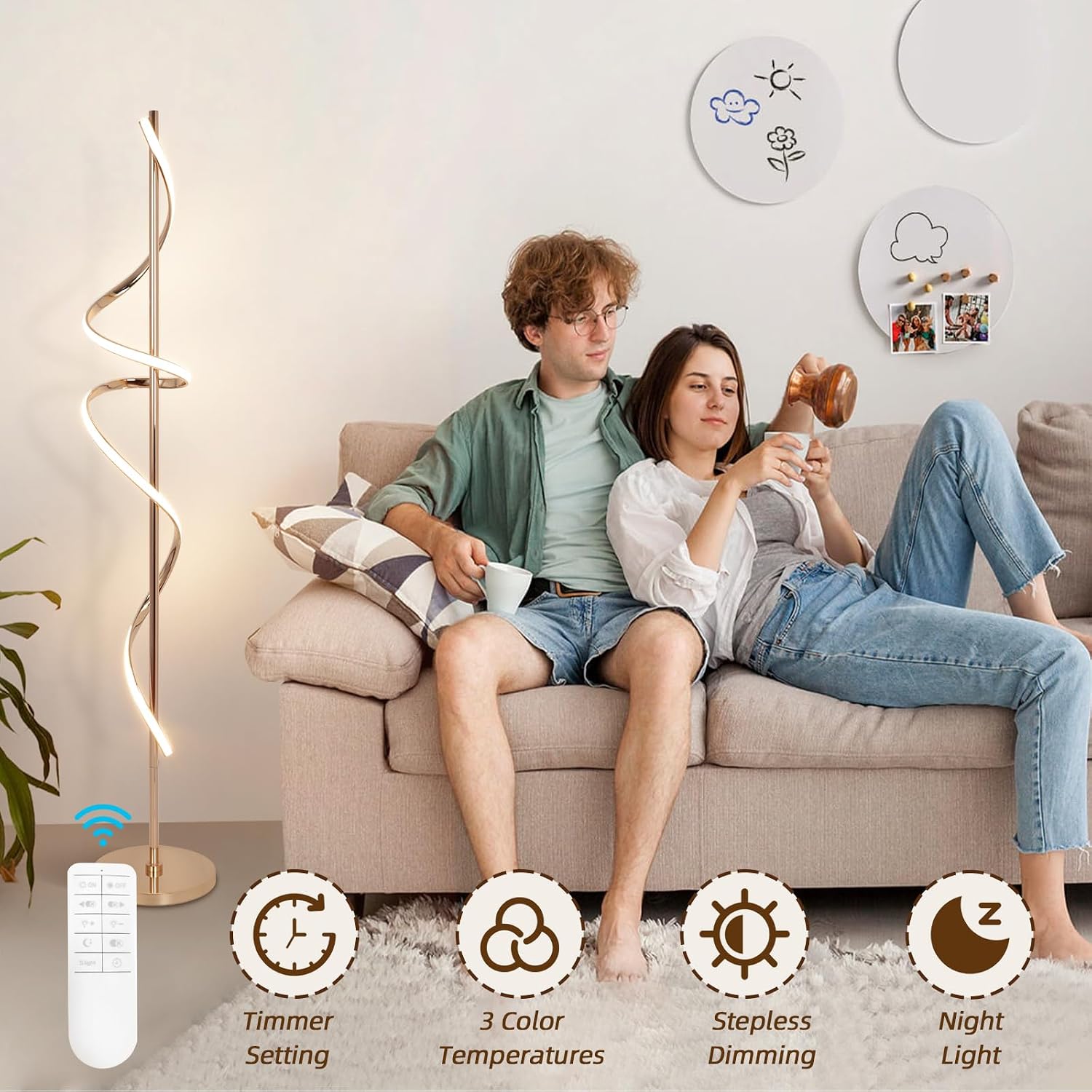 EIDISUNY LED Floor Lamp for Living Room, 60 inches Spiral Floor Lamp with Remote Control, 48W, 3 Color Temperatures,Dimmable, for Bedroom, Office Gold