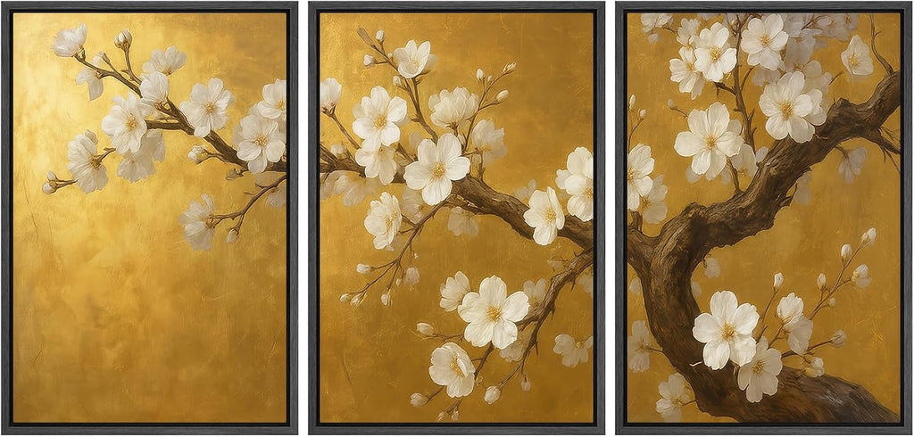 wall26 Framed Canvas Print Wall Art Set Golden Cherry Blossom Tree Elegant Floral Illustrations Fine Art Decorative Rustic for Living Room, Bedroom, Office - 16'x24'x3 Black