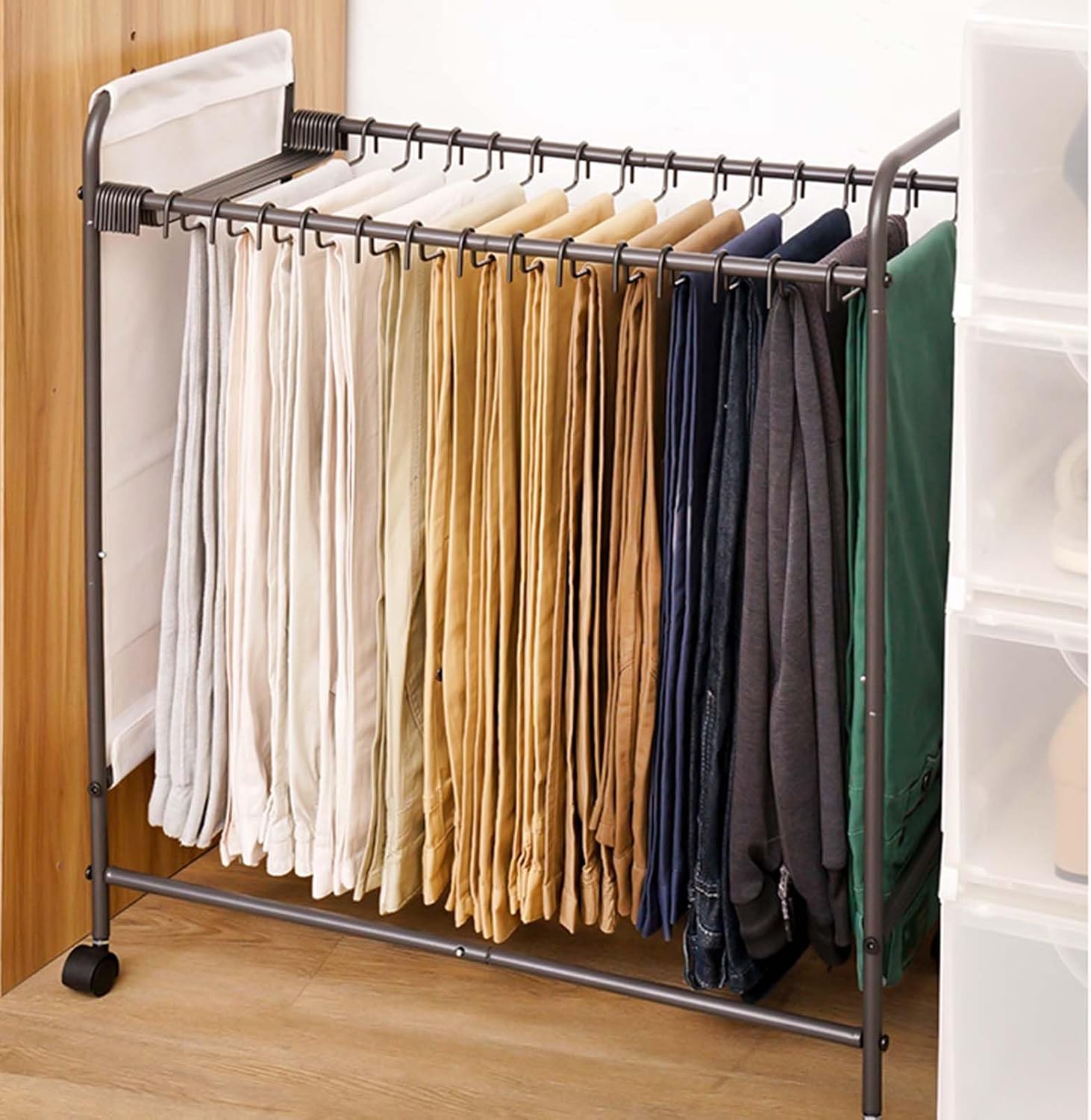Display Stand Pants Hangers Rolling Trolley Trousers Rack, Floor Standing Jeans Hangers Metal Scarves Rack Clothing Closet Organizer Shelf Blanket Rack (L70*W33*H70CM with Side Pockets