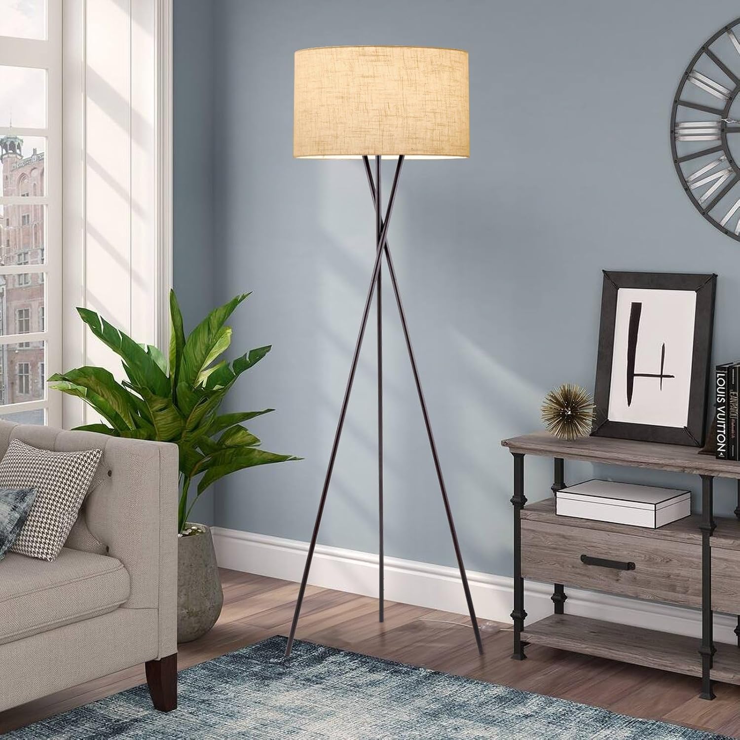Kira Home Sadie 60' Modern Tripod Floor Lamp with Honey Beige Linen Drum Shade, Mid Century Cross-Leg Standing Light with 9W LED Bulb, Oil Rubbed Bronze Finish