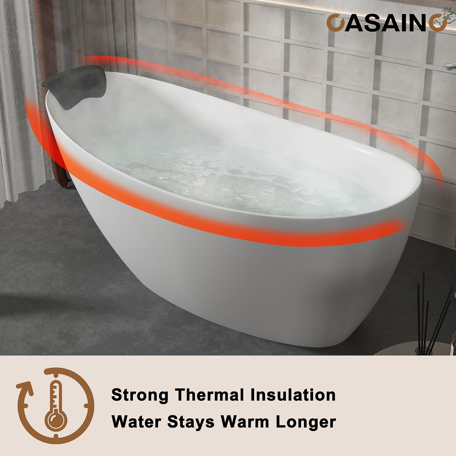 CASAINC 59'' Resin Stone Freestanding Bathtub with Pillow, Matte White Free Standing Bathtub Contemporary Soaking Stand Alone Tub, Overflow & Pop-up Drain, Drain Hose & Sanding Paper