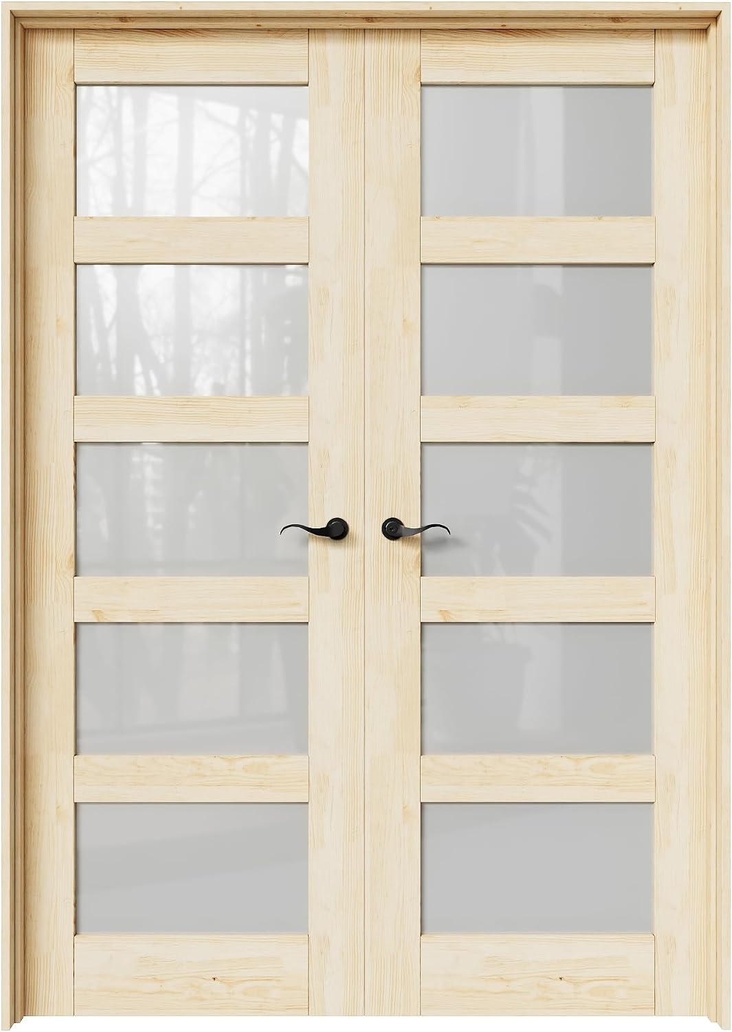 48' x 80' French Doors Interior (Double 24' x 80' 5-Lite Frosted Glass Pine Wood Door with Black Hinge Prehung Jamb Kit), Unifinished Natural Wood, Prebuilt Home Door Panels & Assembly Required Jamb