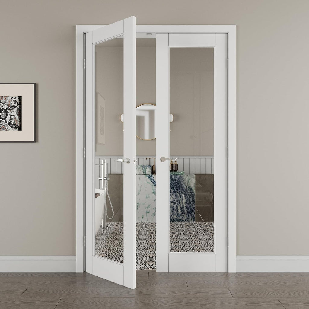 48' x 80' French Doors Interior (Double 24' x 80' Clear Glass Door with Silver Hinge Prehung Jamb Kit), Pre-Finished & Paintable, Prebuilt Home Door Panels & Assembly Required Jamb