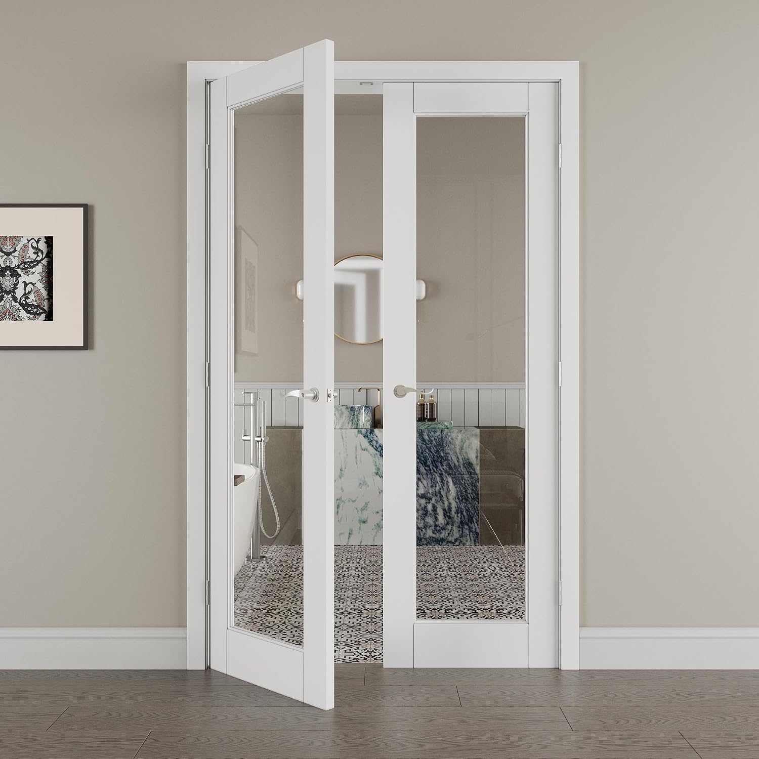 48' x 80' French Doors Interior (Double 24' x 80' Clear Glass Door with Silver Hinge Prehung Jamb Kit), Pre-Finished & Paintable, Prebuilt Home Door Panels & Assembly Required Jamb