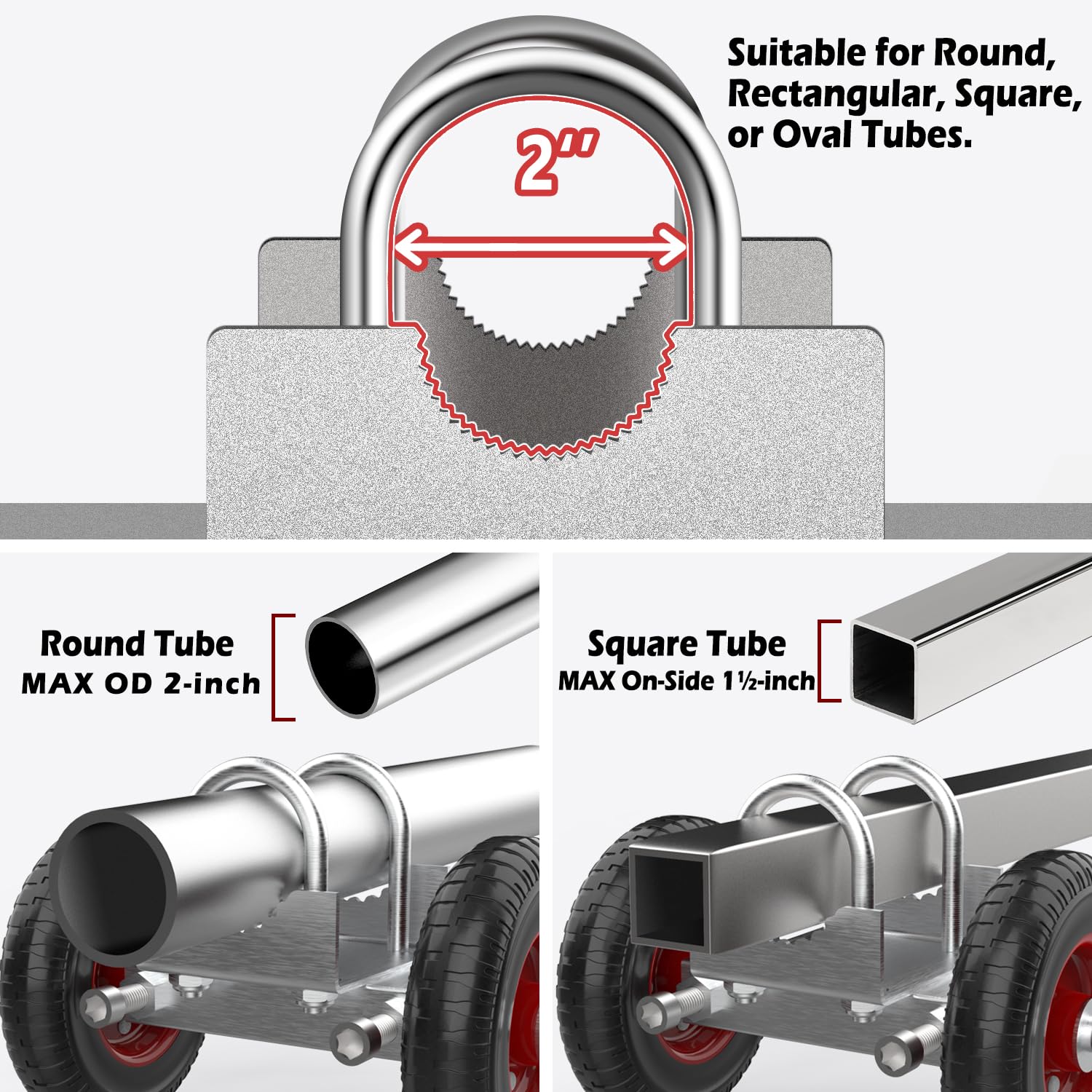 Blütezeit Rolling Gate 8'' Heavy-Duty Rubber Wheel Carrier 2pcs, Double-U Bolts Gate Rollers for Driveway Chain Link Fence Metal Tube Gates, Pack of 2