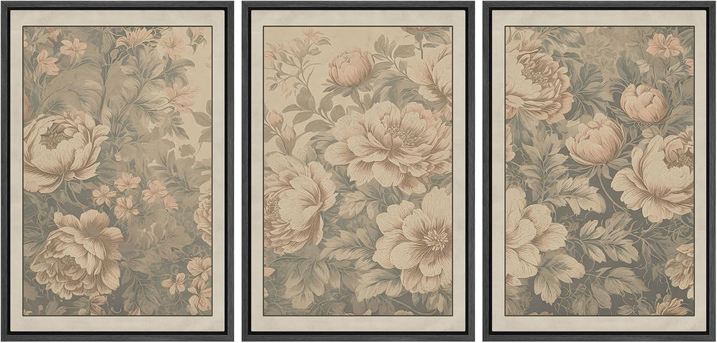 wall26 Framed Canvas Print Wall Art Set Antique Style Floral Beige and Blush Peony with Vintage Botanical Photography Modern Art Decorative for Living Room, Bedroom, Office - 24'x36'x3 Black