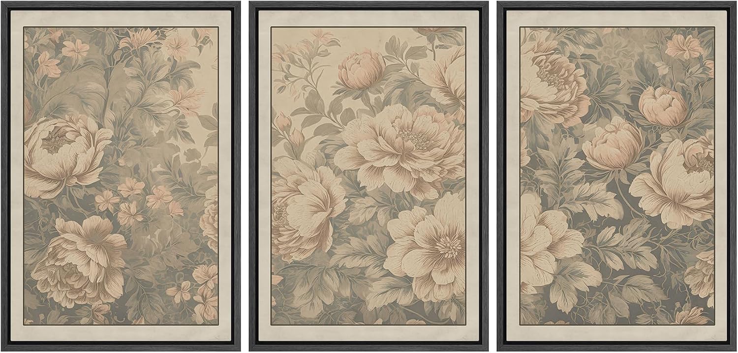 wall26 Framed Canvas Print Wall Art Set Antique Style Floral Beige and Blush Peony with Vintage Botanical Photography Modern Art Decorative for Living Room, Bedroom, Office - 24'x36'x3 Black