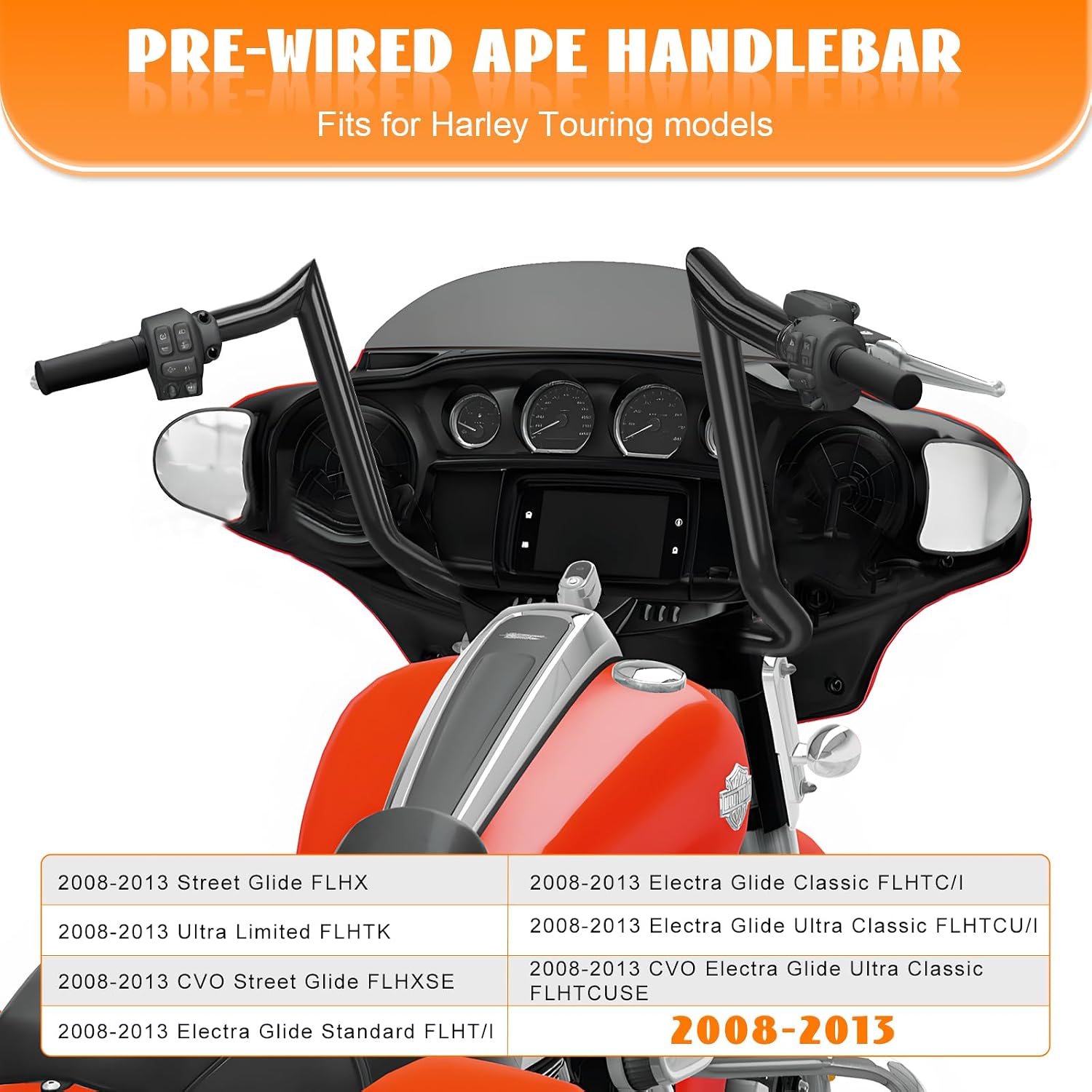 12' Rise Pre-Wired Ape Hangers Handlebars 1 1/4' Fat 1' Clamp Meathook Monkey Bar for Harley Touring 2008-2013 Harley Street Glide FLHX Electra Glide Standard FLHT Ultra Limited FLHTK