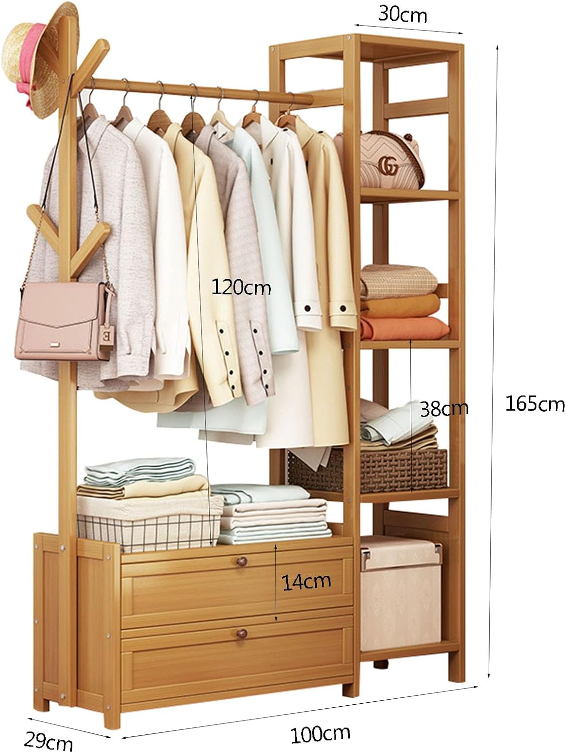 Bamboo Clothing Rack, Heavy Duty Rolling Garment Rack 4 Tier Storage Shelves Garment Rack with Side Hooks & drawers Clothes Racks for Hanging Clothes, Clothes Storage and Display, Wood