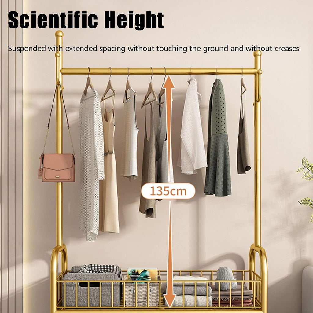 Rolling Garment Rack, Portable Closet Wardrobe with Storage Basket and 4 Hooks Clothing Rack Freestanding Closet Metal Clothing Rack for Bedroom Living Room Office Mudroom