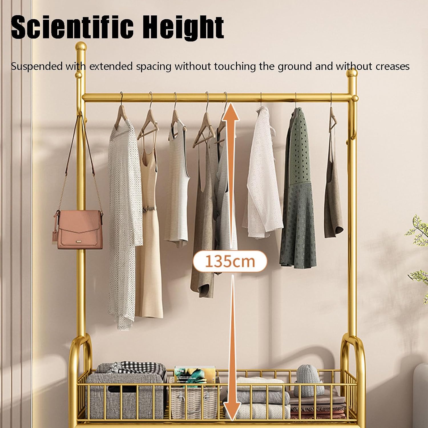 Rolling Garment Rack, Portable Closet Wardrobe with Storage Basket and 4 Hooks Clothing Rack Freestanding Closet Metal Clothing Rack for Bedroom Living Room Office Mudroom