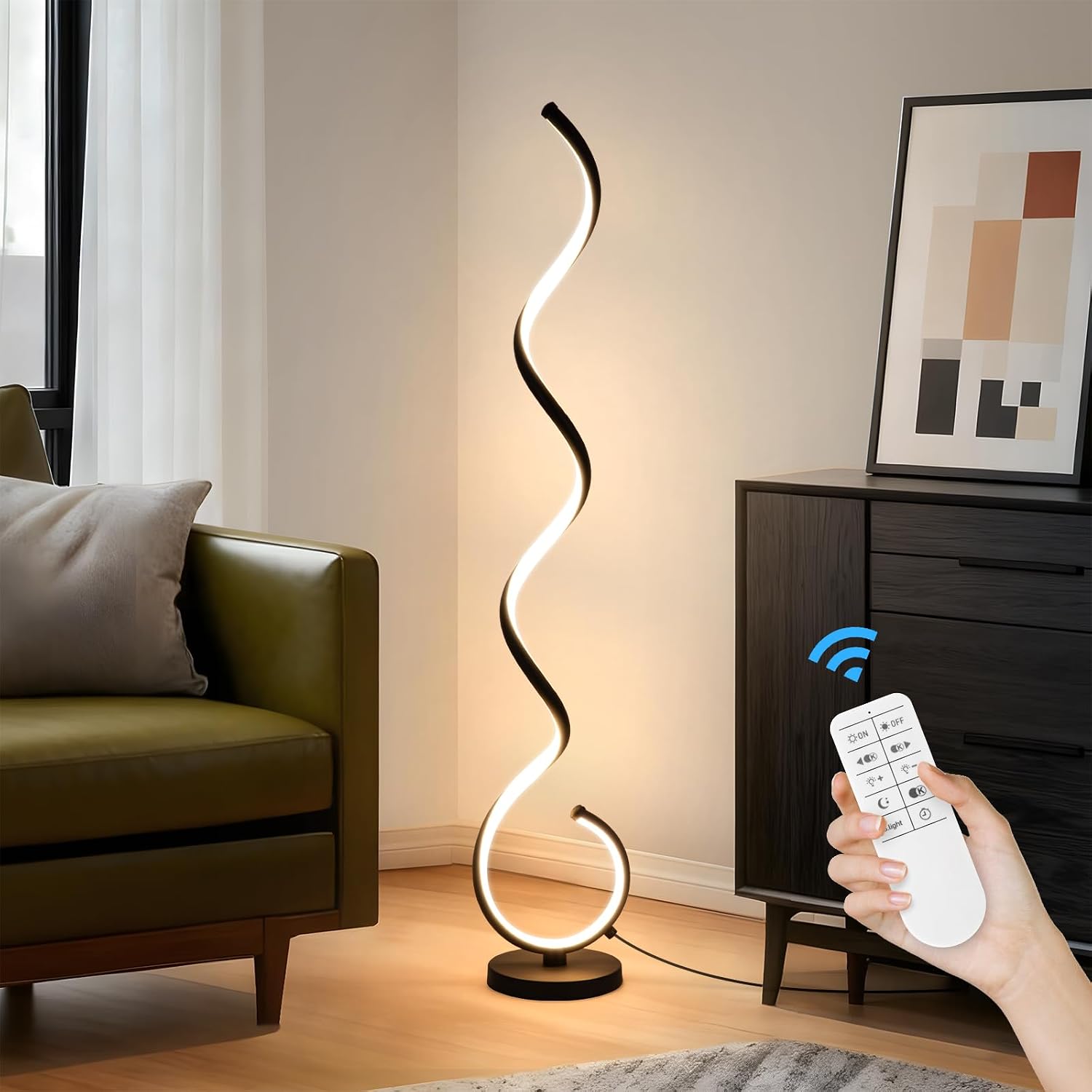 EIDISUNY Modern Floor Lamp for Living Room, 3 Color Temperature LED Spiral Floor Lamps with Remote&Foot Switch, 48W Dimmable LED Standing Lamp for Bedroom, Office(Black)