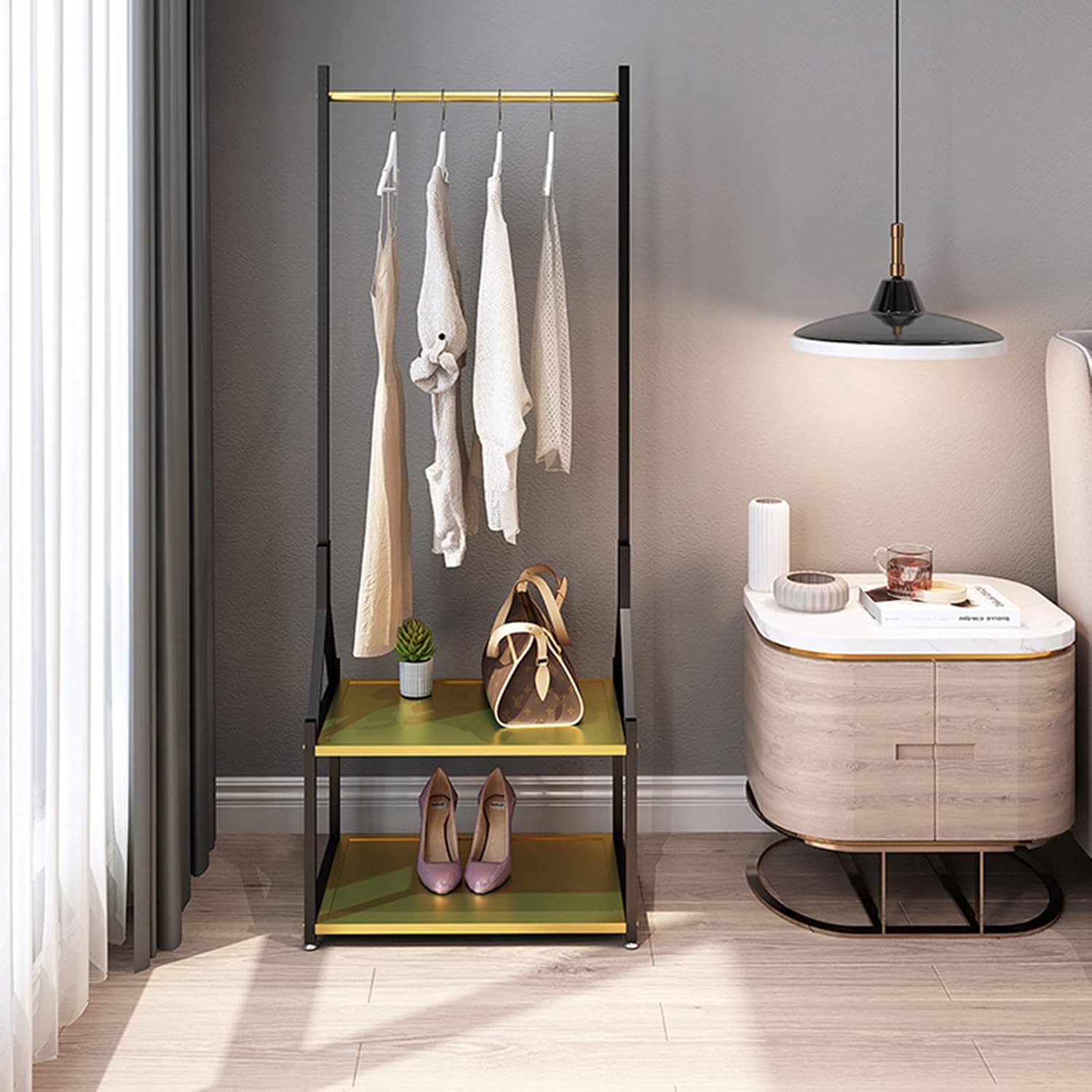 Garment Rack Freestanding Coat Rack with 2 Tier Shelves, Heavy Duty Metal Garment Rack for Hanging Clothes, Large Capacity Clothes Organizer for Bedroom and Living Room, Space Savi(Size:60x40x160CM)