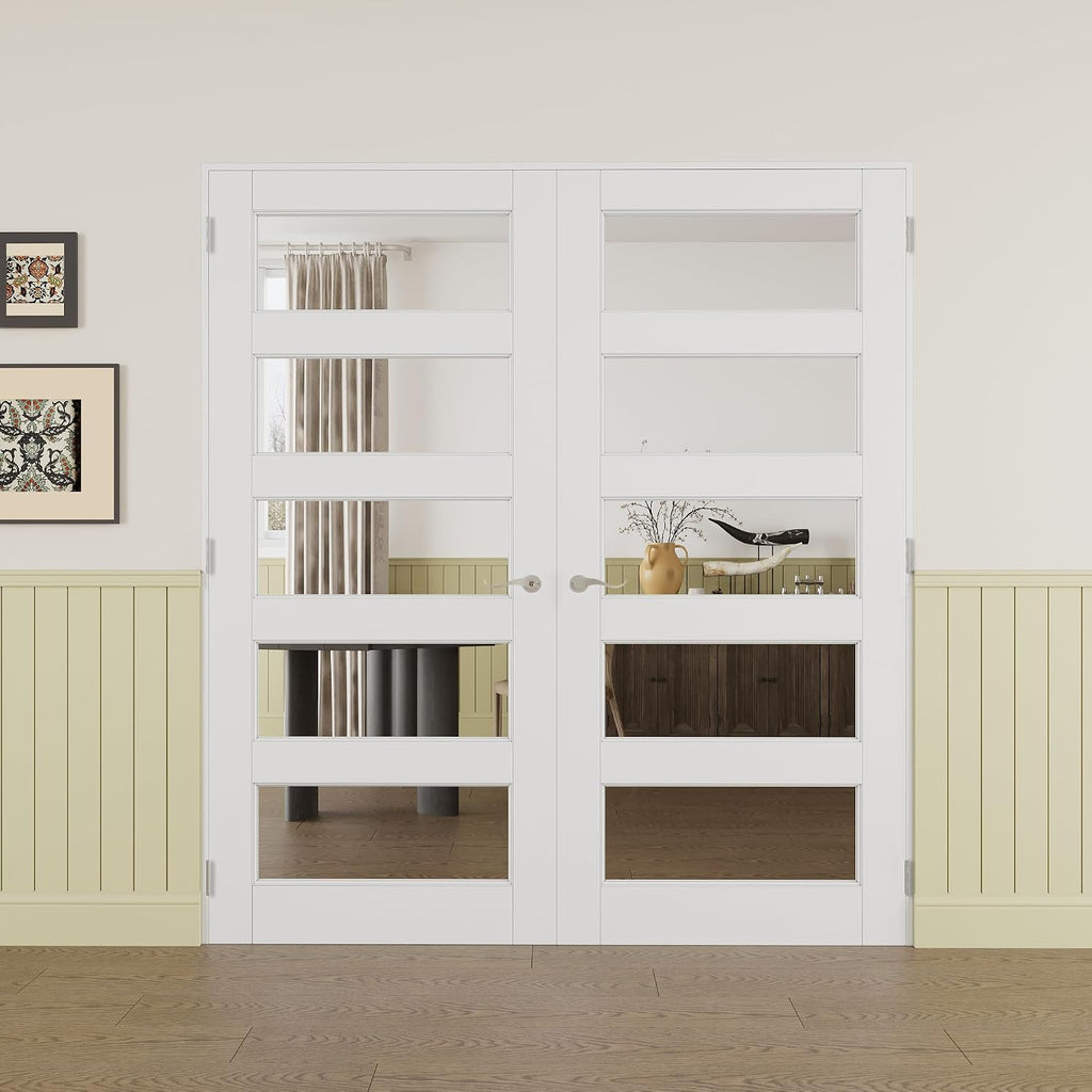 Prehung French Door 72' x 80' (2x36 in), 5-Lite Tempered Clear Glass Door Slabs with Jamb, Silver Hinges, 4 Levers & Latch, Solid Core Interior Door, Pre-Finished & Paintable,Double Doors Interior